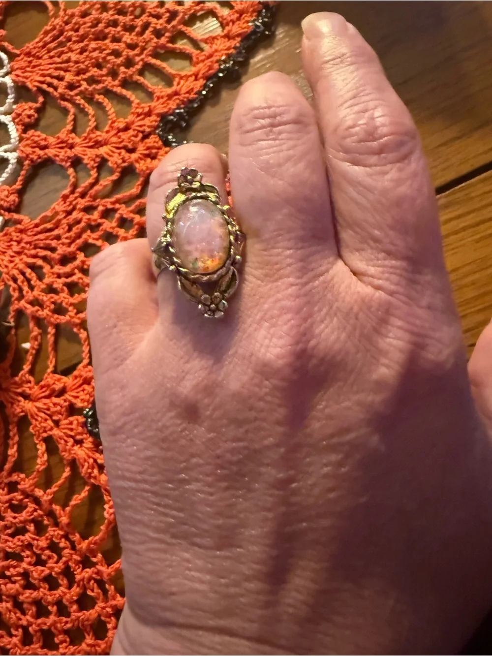 Vintage Avon Faux Opal Floral Statement Ring Gold Tone Adjustable 1970s